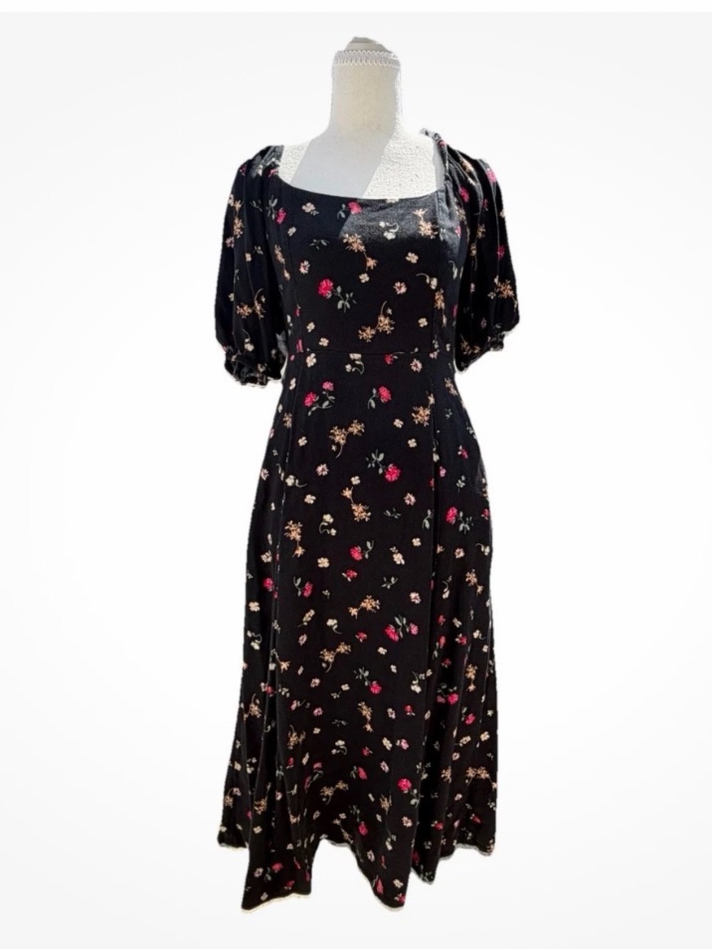 Dark Cottagecore Smocked Puff Sleeve Midi Floral Dress Pockets Size S Old Navy
